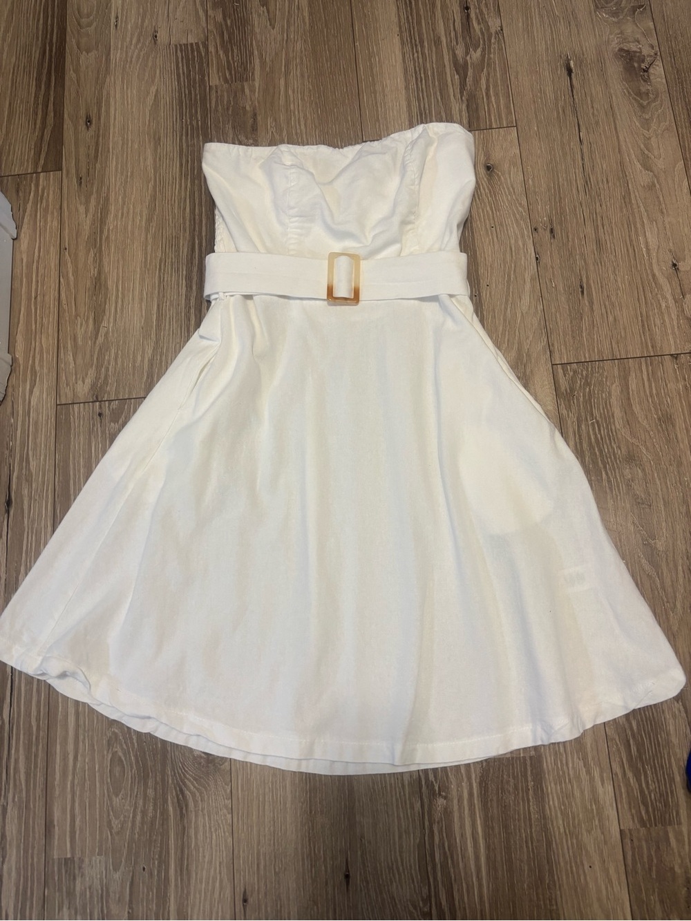 Strapless White Belted A-Line Dress